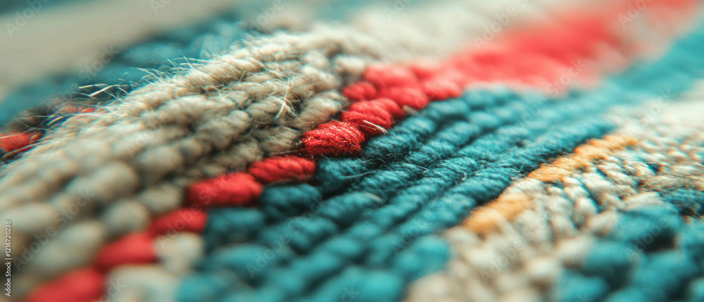 Poster texture details of a vibrant low-pile rug showcasing unique patterns and colors