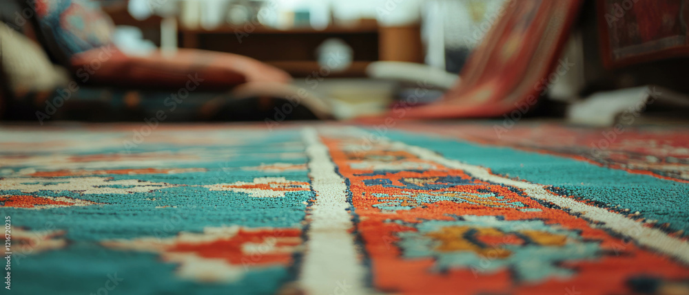 Poster machine-made rug showcasing vibrant patterns and textures in a cozy setting