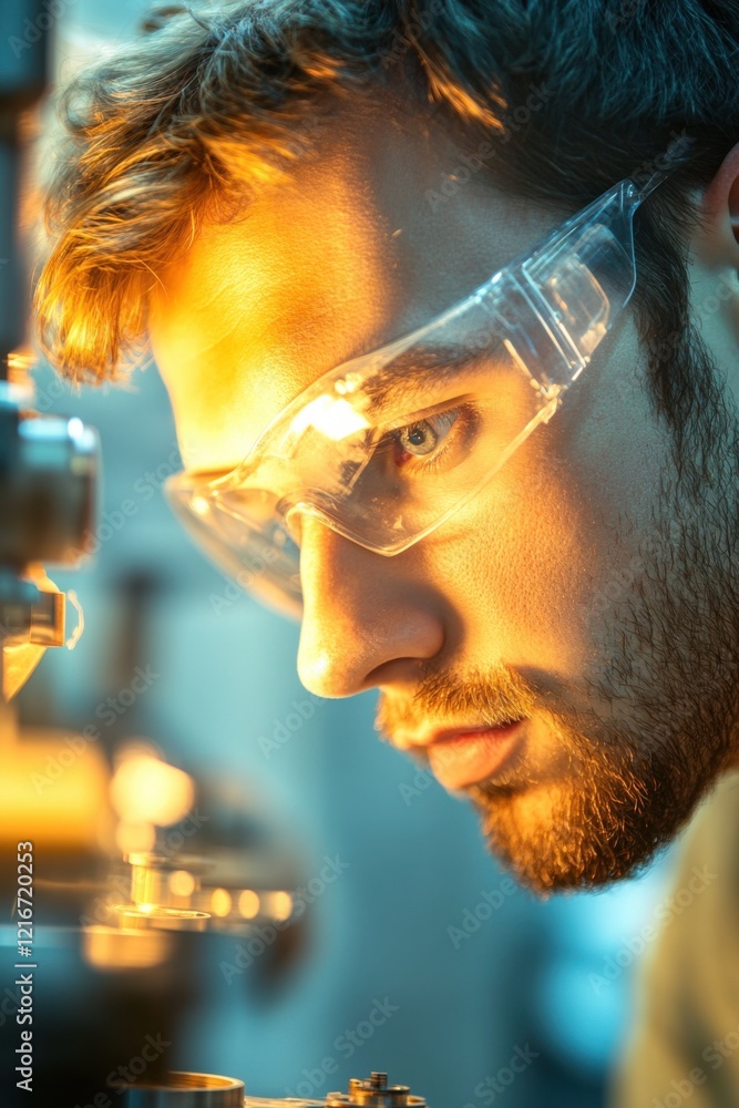 Poster machinist inspects precision parts with focus and expertise in a busy workshop environment