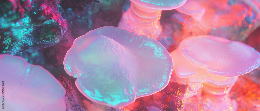 Poster glowing luminescent mushrooms showcase vibrant colors and unique textures