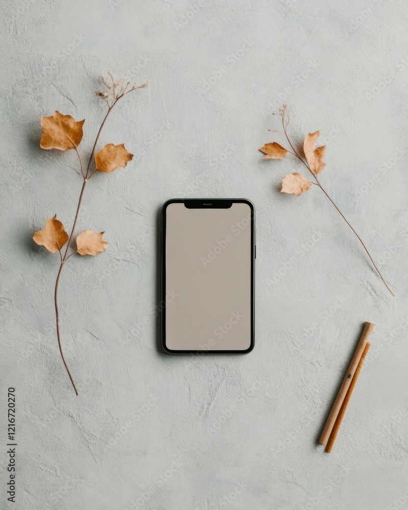 Poster minimalist digital matte smartphone with natural leaves on textured canvas - creative tech aesthetic