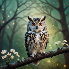 Fototapeta premium Majestic owl perched on branch in mystical forest.
