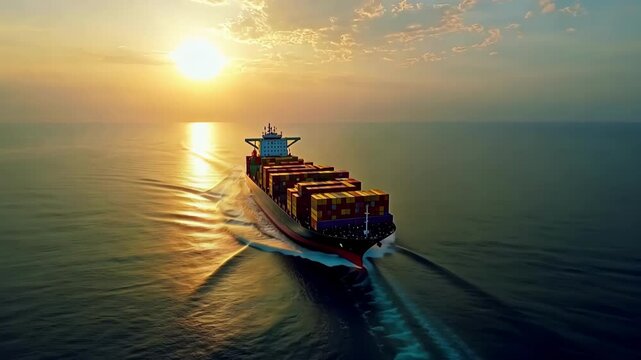 Drone view of container ship sailing across the ocean, transporting goods for global logistics and trade