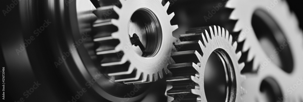 Poster monochrome industrial precision mechanical gears in steel - engineering excellence and quality contr