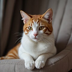 Fototapeta premium Orange and White Cat Portrait: A captivating portrait of a striking orange and white tabby cat with captivating golden eyes, perched on a soft, cozy armchair.
