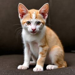 Obraz premium Orange and White Kitten Portrait: An adorable orange and white kitten sits attentively, its bright eyes captivating the viewer against a dark brown background.