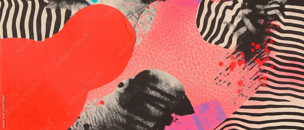Poster Monochromatic ink patterns with vibrant red shapes create a striking visual contrast