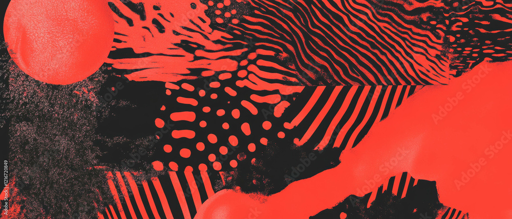 Poster exploring vibrant monochromatic ink patterns with striking red contrasts and diverse textures