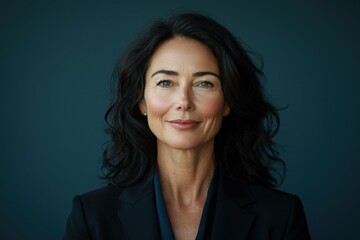 Fototapeta premium Confident mid aged business woman portrait smiling on dark blue background, Generated AI