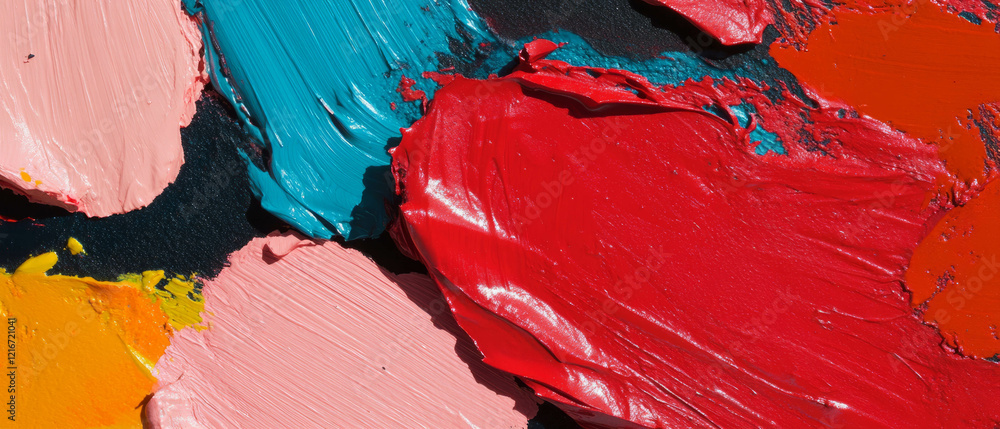 Poster multi-colored ink patterns with bright red shapes showcasing vibrant artistic textures
