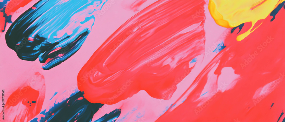 Poster exploring vibrant multi-colored ink patterns with bright red contrasts