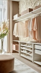 Stylish interior featuring organized clothing and elegant decor.