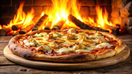 Sizzling hot pizza with melted mozzarella cheese and a crackling crust in front of a fiery oven , crispy, kitchen,  crispy, kitchen