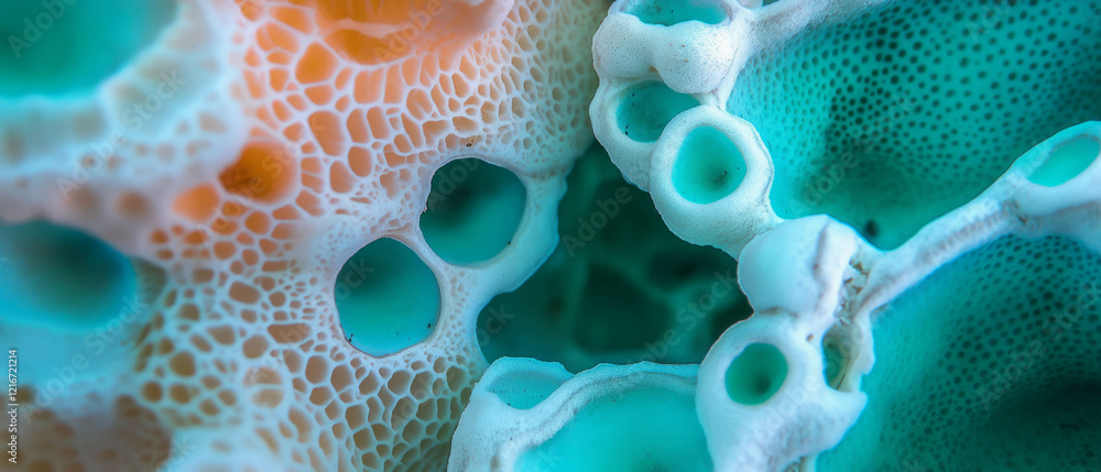 Poster exploring diverse textures and colors within mushroom pore formations