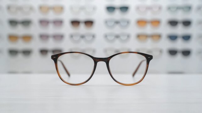 Image of a contemporary optical shop interior featuring a Snellen eye test chart and display of various eyeglass frames and the vision assessment and eyewear services offered