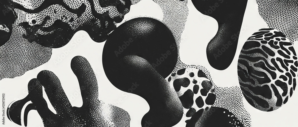 Aufkleber Unique negative space black ink patterns create captivating shapes on white background