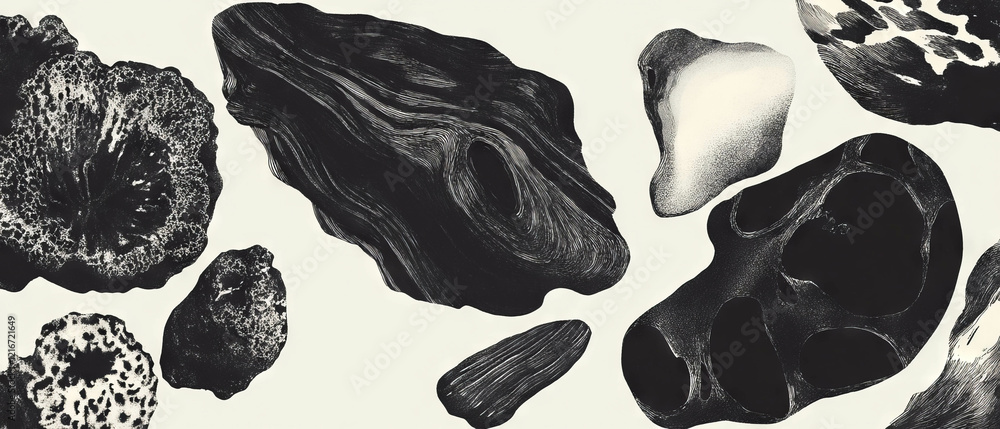 Poster exploring organic black ink patterns blending with natural shapes on a white background