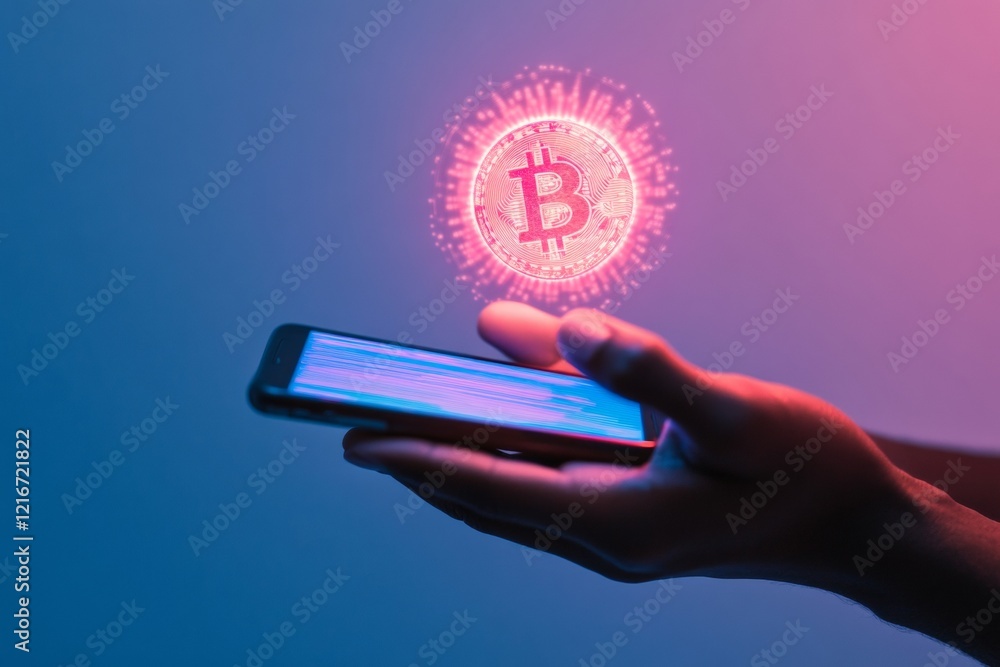 Poster neon tech fusion medium-dark hands with holographic cryptocurrency coin hovering above smartphone - 