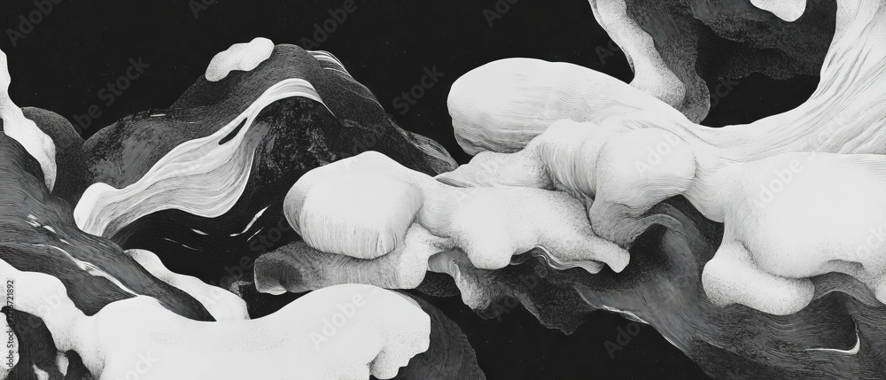 Poster Exploring organic ink patterns with natural shapes and flowing lines in monochrome design