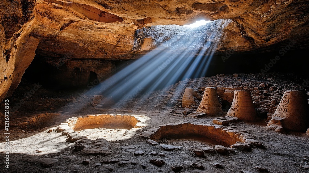 Poster light streams into ancient cave featuring earthen structures in a remote location showcasing histori