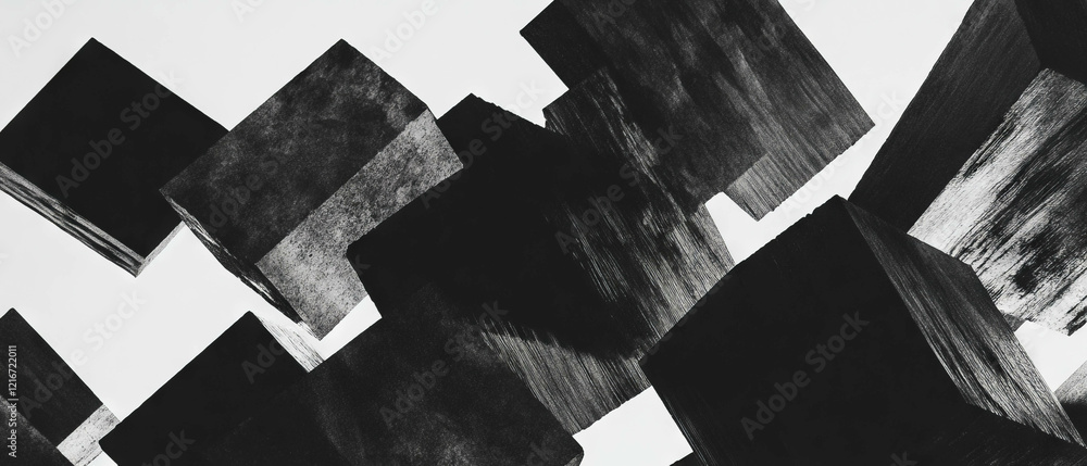 Poster overlapping black ink squares create a striking contrast against a clean white background