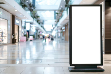 Empty display billboard in a busy shopping center, ideal for branding or promotional use.