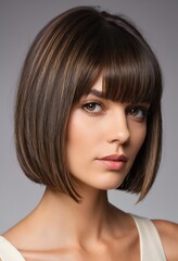 Naklejka premium Portrait of a Beautiful Woman with a Bob Hair Cut Wallpaper Background