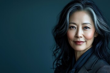 Fototapeta premium Elegant Asian Woman with Silver Streaks Portrait on Blue Backdrop, Generated AI