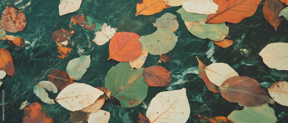 Poster exploration of natural textures with pressed leaves on paper background