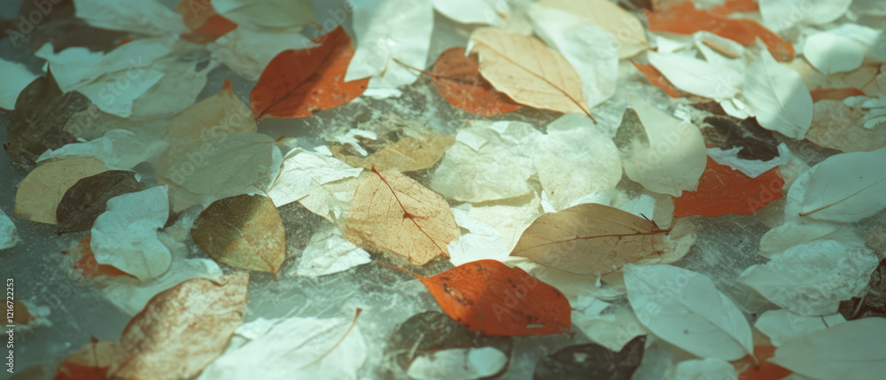 Aufkleber Pressed leaves and natural elements create a textured paper surface with unique patterns