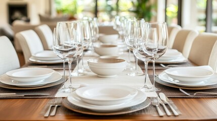 Fototapeta premium Elegant Dining Table Setting with Empty Chairs, Sparkling Glassware and Soft Focus on the Background