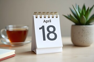 A calendar page flipping to April 18, set in a cozy desk scene.