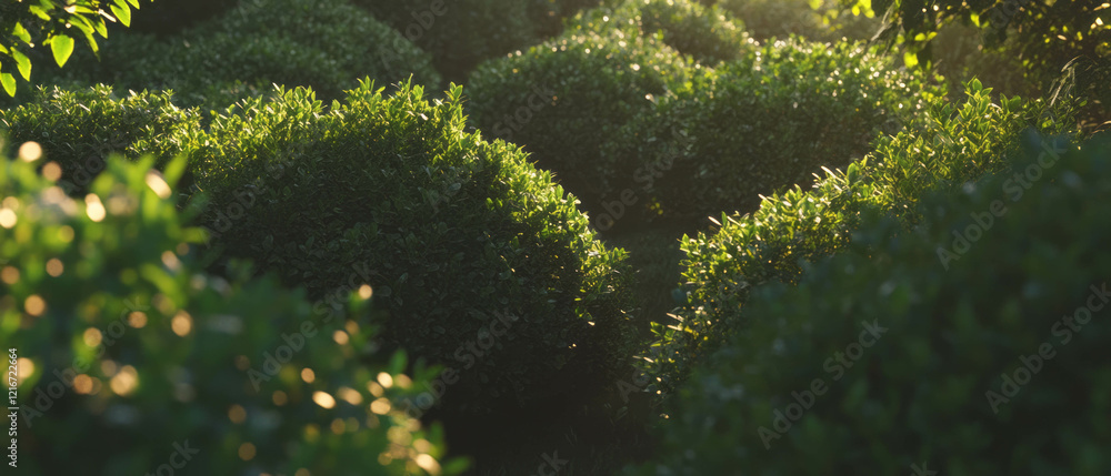 Poster playful green bushes create a whimsical nature scene with soft shadows in sunlight