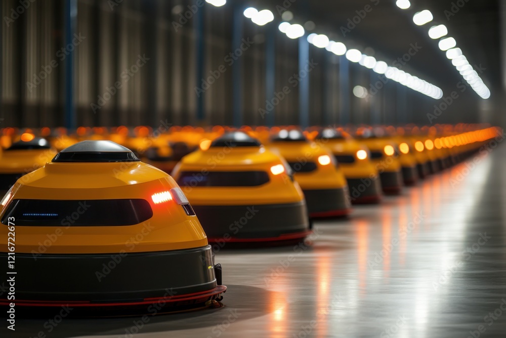 Poster automated delivery robots lined up in a large warehouse during nighttime operations