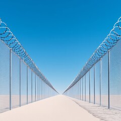 Fototapeta premium Industrial Security Design High-Security Barbed Wire Fencing under Clear Sky - Border Management Infrastructure and Risk Mitigation Solutions