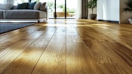 Sunlit hardwood floor in living room, sofa, patio view