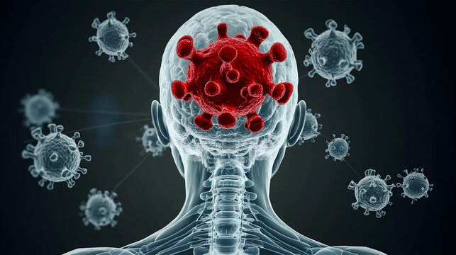 Surreal virtual X-ray of a transparent human head with red virus particles. Allergic infection. Medical science and technology concept. Generative AI. - Powered by Adobe