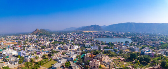Aerial view of Pushkar Town and Lake, located in Pushkar, Rajasthan, India