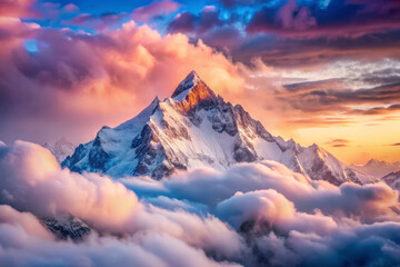 Obraz premium Majestic pastel mountains rise above dreamy clouds at sunset