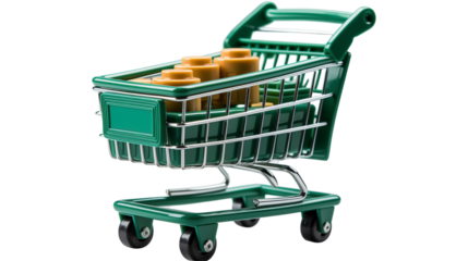 Green shopping cart with gold blocks, miniature e-commerce retail model for online shopping themes, transparent background.