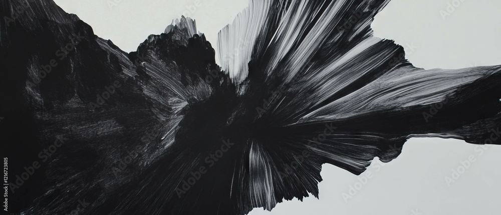 Poster Black ink lines radiating from a central point create dynamic texture against white background