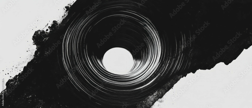 Poster radiating black ink lines emanating from a central point on luminous white background