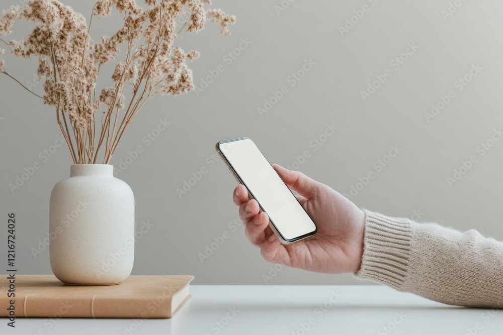 Poster scandi-tech close-up hand with smartphone and minimalist digital app - modern education and e-learni