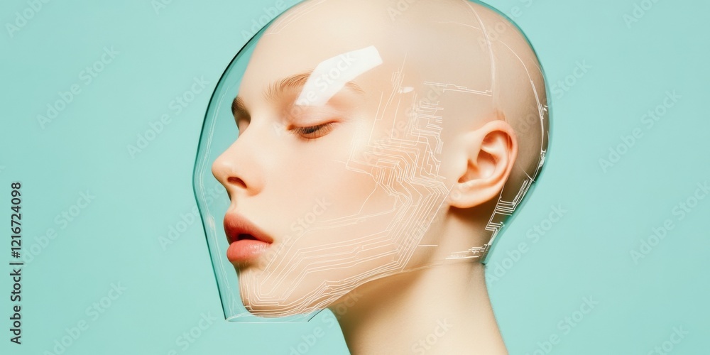 Poster Futuristic Tech Portrait Human-Android Hybrid with Circuitry Detail - Exploring Emotional Identity for Modern AI and Digital Branding in Creative Industries