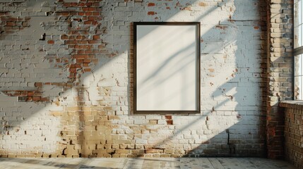 Naklejka premium blank frame picture template mockup on old retro brick wall sunlight from window