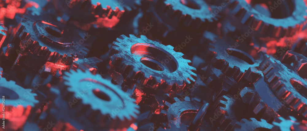 Poster Rotating gears create dynamic metallic textures and smooth animations in vibrant colors