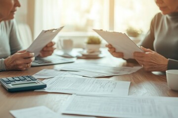 Elderly couple assesses finances in cozy kitchen as they prepare for retirement without pension support