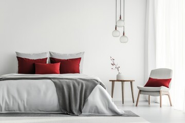 Modern bedroom design with grey bedding and red accents