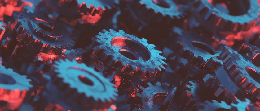 Rotating gears create dynamic metallic textures and smooth animations in vibrant colors
