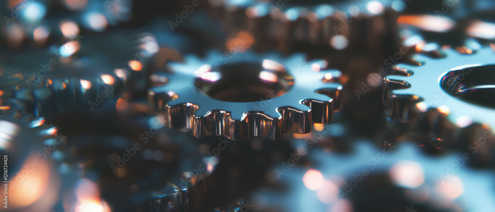 Poster Intricate rotation of metallic gears showcasing smooth animation and complex textures